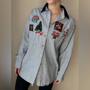 Vintage 90s Casey & Max Striped Button-down with Christmas holiday Embroidery